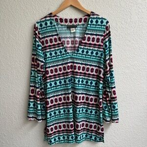 La Blanca Long Sleeve Swim Tunic Teal Stripe Beach Dress Cover Up Women’s Size M